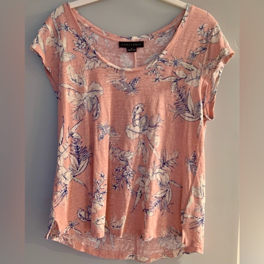 Sanctuary Pink Floral Cap Sleeve Relaxed Linen Top- M